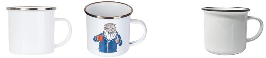 Zwei Emaille-Tassen und eine Retro-Tasse als Werbeartikel.