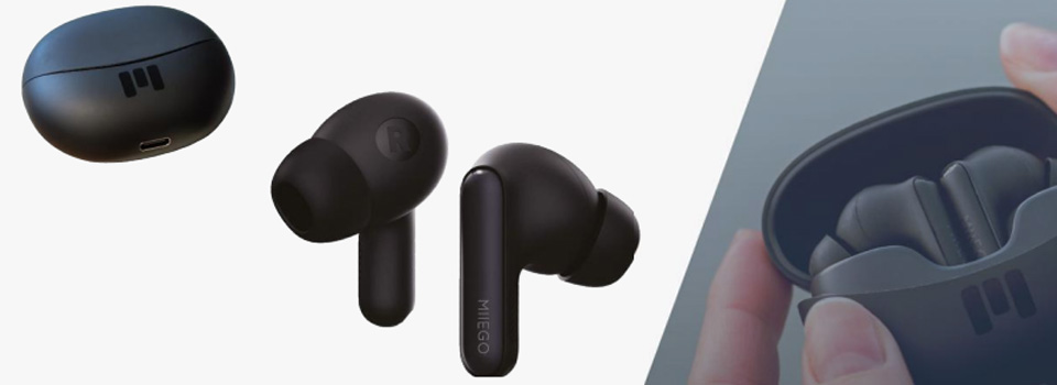 Schwarze Earbuds MiiBUDS AIR von Miiego mit Ladecase.