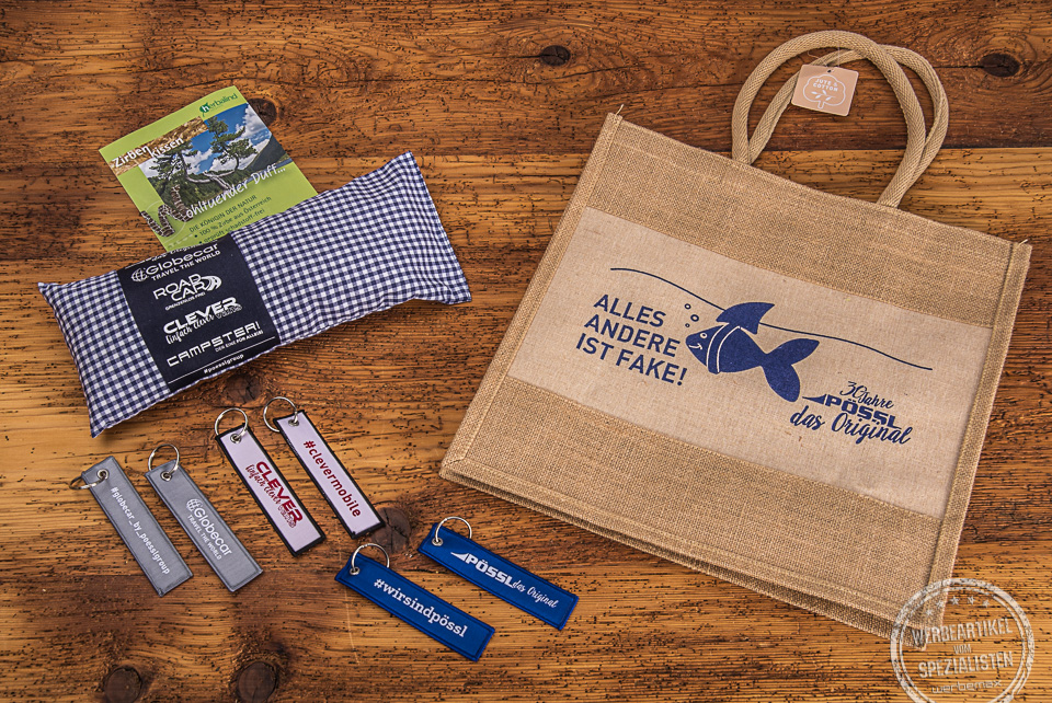 Werbeartikel von P&ouml;ssl, Jutetasche, Schl&uuml;sselanh&auml;nger, Zirbenkissen mit Logodruck