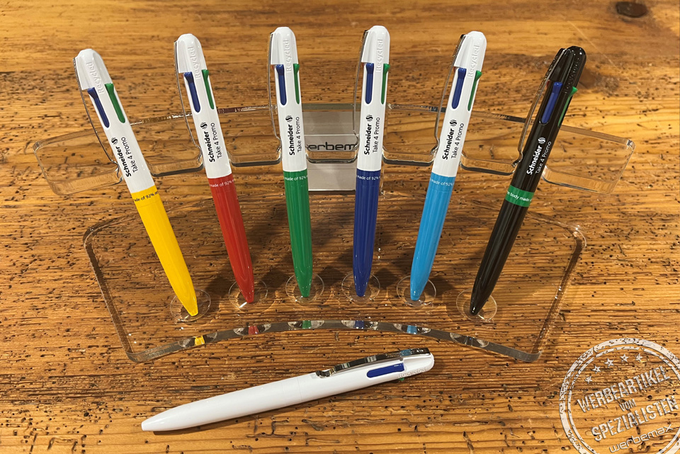 Sieben Schneider Take 4 Werbekugelschreiber mit farbigem Schaft als Werbeartikel