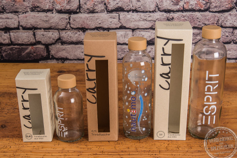 carry bottles glasflasche mit logodruck in drei verschiedenen Größen