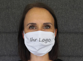 Mund-Nasen-Maske in weiß mit Logo bedruckt