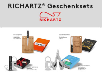Richartz Frühstücksbrett, Richartz Key Tool, Richartz Multitool im Geschenkset als Werbegeschenk mit Logo. 