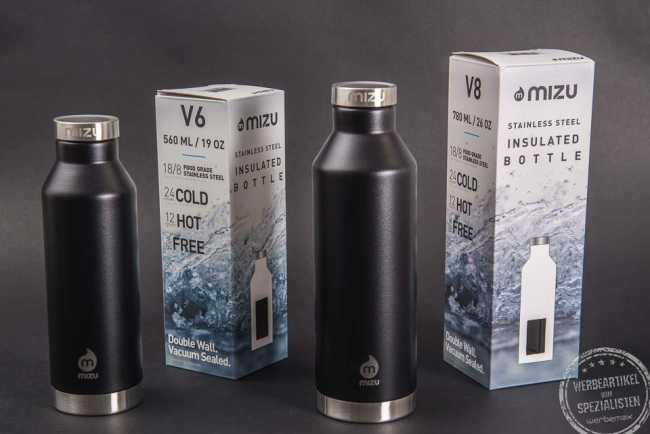 MIZU V8 und V6 in schwarz, isolierte doppelwandige Thermosflaschen