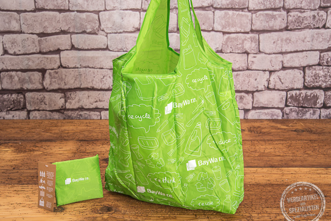 Zusammenfaltbare Einkaufstasche in Grün mit weißem Logodruck aus rPET