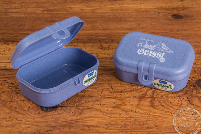 Lunchbox in blau von Koziol mit Logo Druck Grassl Enzian Brennerei als Werbeartikel