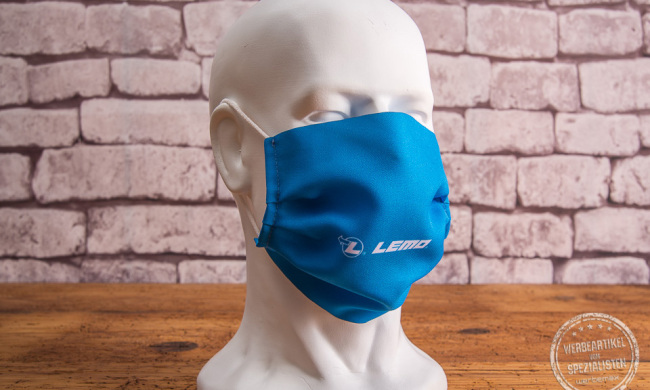 Mund-Nasenmaske bedruckt in Blau mit weißem LEMO Logo