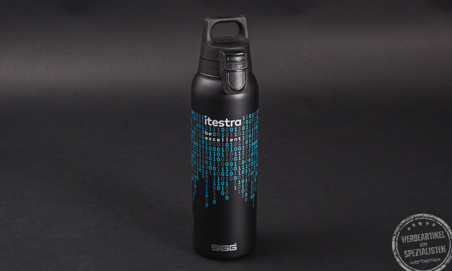 Sigg hot and cold Isolierflasche in schwarz für Itestra als Werbegeschenk 
