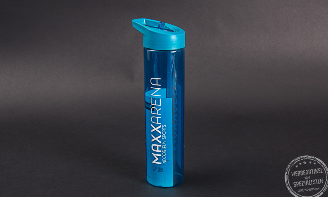 Blaue Wasserflasche mit Logo Maxxarena