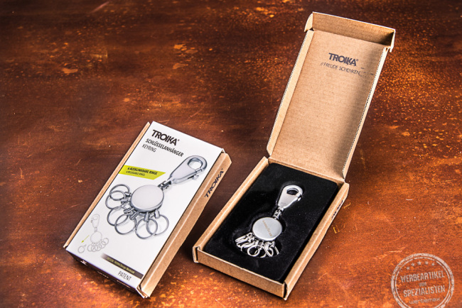 Troika Schlüsselanhänger PATENT mit Karabiner und 6 ausklinkbaren Ringen mit Logogravur von werbemax