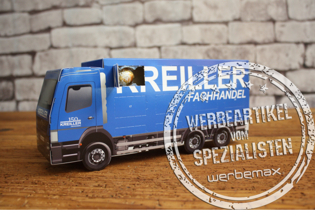 3D LKW Adventskalender mit Logo-Aufdruck als Werbegeschenk.