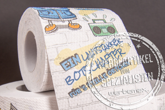 Bedrucktes Toilettenpapier von Elektro Hartinger mit humorvoller Botschaft als kreativer Messe-Werbeartikel für hohe Aufmerksamkeit.