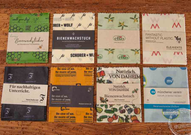 Übersicht Beispiele Umsetzungen Bienenwachstücher mit Logo und Werbebanderole