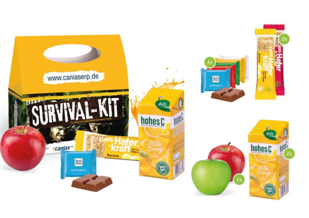 Snack Pack Fitness individuell bedruckt mit M&uuml;sliriegel, Apfel, Schokolade und Orangensaft als Werbeartikel
