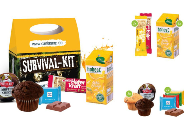 Snack Pack Kleine Pause gefüllt mit Müsliriegel, Orangensaft, Muffin und Schokolade als Werbeartikel