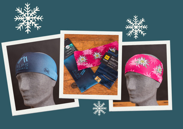 Drei Polaroids mit Bildern des BUFF Headbands mit Logo als Werbertikel.