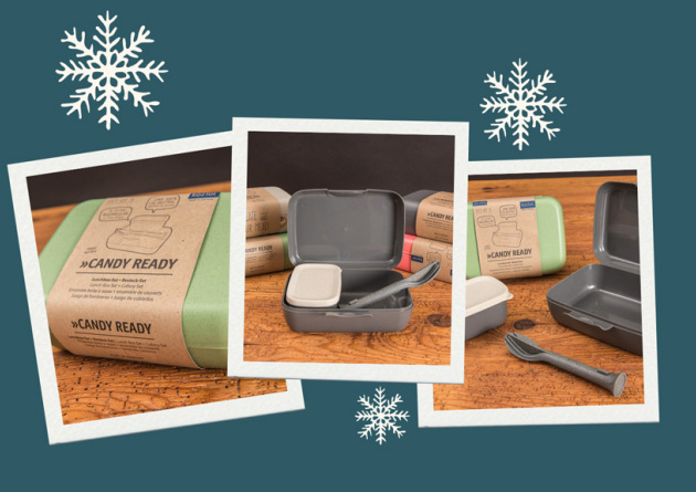 Drei Polaroids mit Bildern des koziol Candy Ready Lunchbox-Sets als Werbertikel.