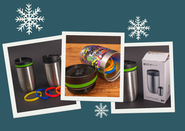 Drei Polaroids mit Bildern des Metmaxx Thermobechers CremaOfficinaBudget als Werbertikel.