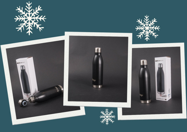 Drei Polaroids mit Bildern der schwarzen Metmaxx Thermoflasche Generation Refill als Werbertikel.