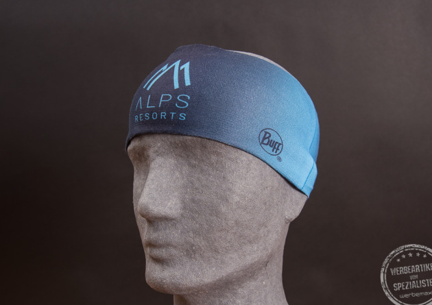 Blaues BUFF Stirnband in Blaut&ouml;nen mit Logo ALPS RESORTS 
