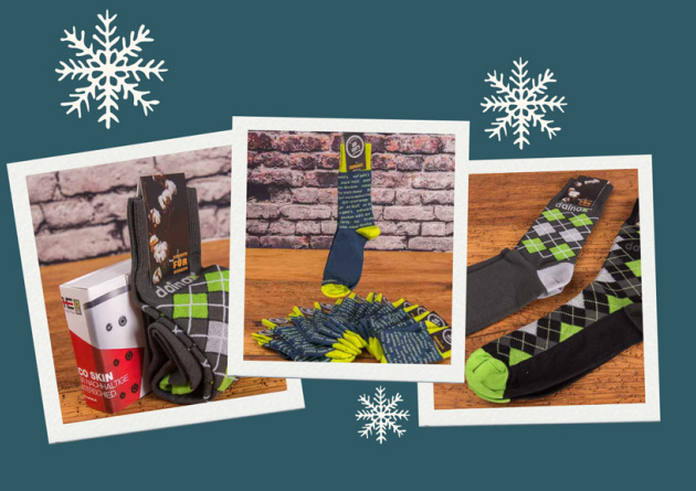 Drei Polaroids mit Bildern der Business-Socken mit Logo.