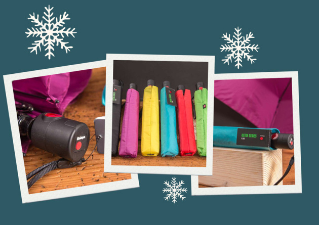 Drei Polaroids mit Bildern des Knirps Taschenschirms U.200 als Werbertikel.