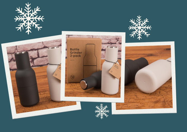 Drei Polaroids mit Bildern der menu Bottle Grinder Gewürzmühlen als Werbertikel.
