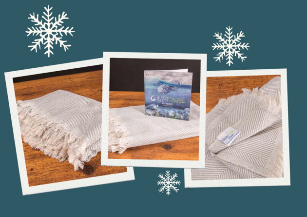 Drei Polaroids mit Bildern der Ocean Towel Home Kuscheldecke als Werbertikel.