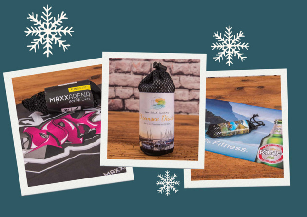 Drei Polaroids mit Bildern des Active Towels als Werbertikel.