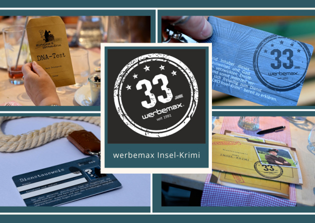 Ermittlerakte, DNA Test und Dienstausweis vom werbemax Krimi-Dinner.