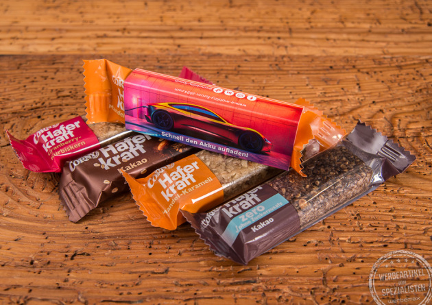 Werbeartikel mit Biss - Corny M&uuml;sliriegel und Haferkraft Riegel mit Logo bedruckt