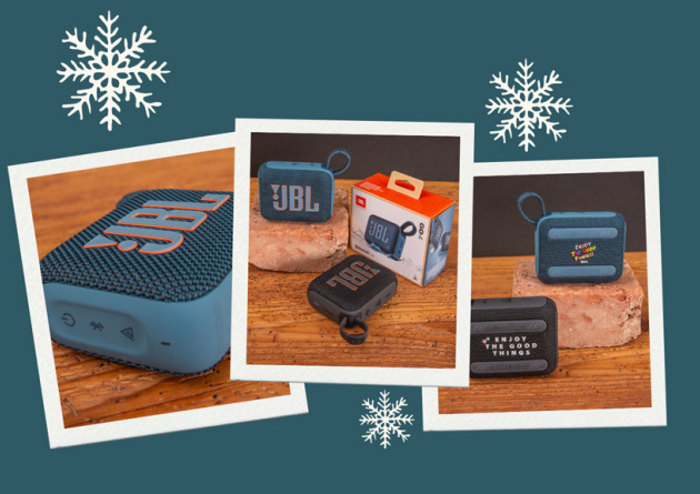 Drei Polaroids mit Bildern des JBL GO 4 Bluetooth Spaekers mit Logodruck als Werbertikel.