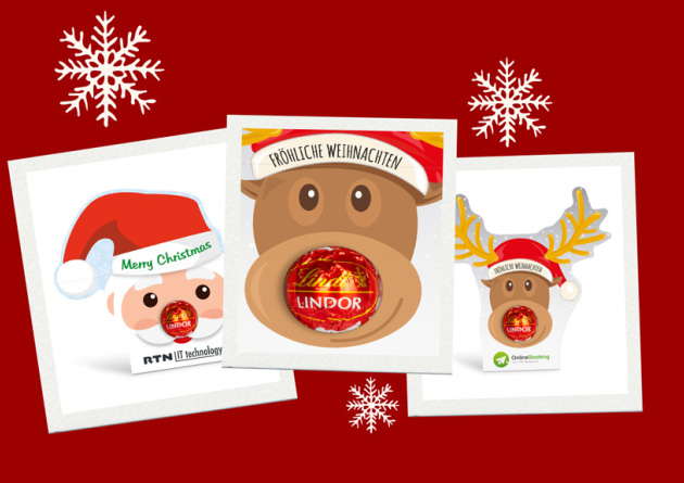 Drei Polaroids mit Bildern der Lindt Lindor Werbekartonage Rentier und Santa Claus als Werbertikel.