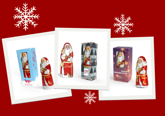 Drei Polaroids mit Bildern des Lindt Schoko Nikolauses in der Werbekartonage als Werbertikel.
