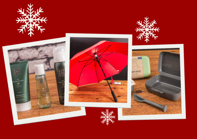 Drei Polaroids mit Bildern unterschiedlicher Weihnachtsgeschenk Marken-Werbeartikel