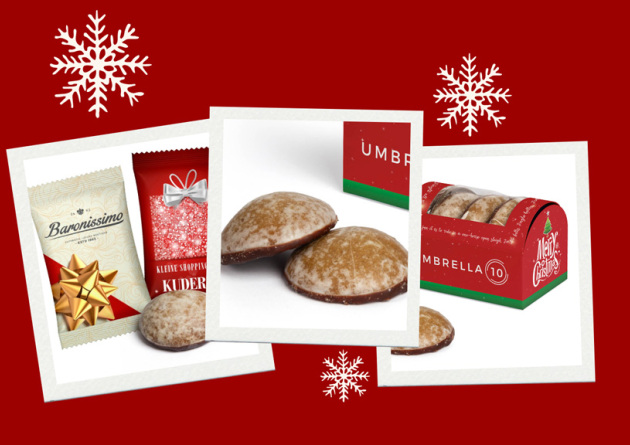 Drei Polaroids mit Bildern der Mini Contrella Lebkuchen in der Werbekartonage oder Tüte als Werbertikel.