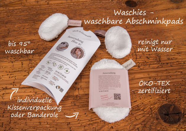Waschies waschbare Abschminkpads in individueller Kissenverpackung oder Banderole.