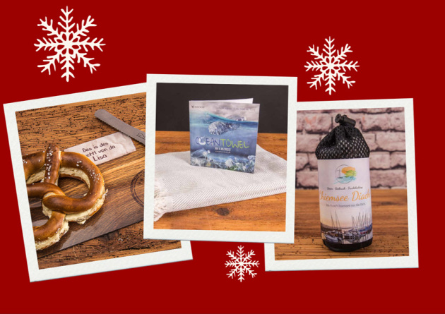Drei Polaroids mit Bildern unterschiedlicher Weihnachtsgeschenk Werbeartikel für verschiedene Zielgruppen.