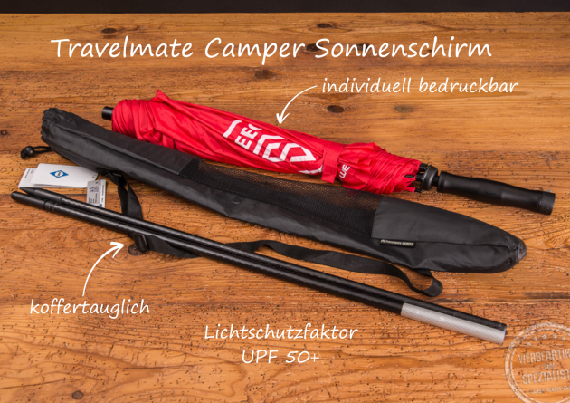 Travelmate Camper Strandsonnenschirm mit Logo bedruckt als Werbeartikel.