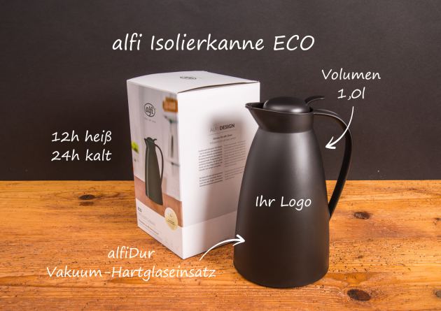 Schwarze alfi Isolierkanne ECO mit Verpackung und Platz für Logo – langlebige Thermoskanne als hochwertiger Werbeartikel.