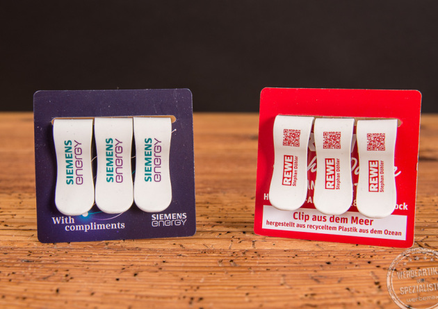 Bedruckte T&uuml;tenclips im praktischen Dreierset aus recyceltem Kunststoff, wei&szlig; mit Logo immer pr&auml;sent im Haushalt