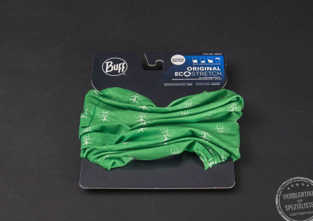 BUFF in grün als Werbeartikel mit Werbekarton.  