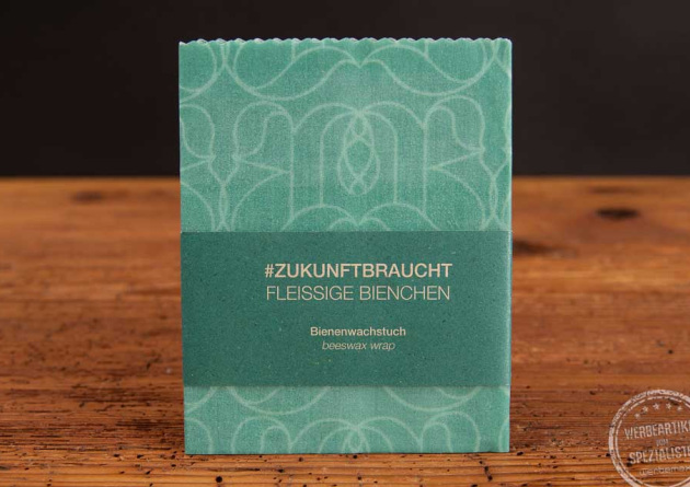 Bienen-Wachstuch Standardformat mit Werbebanderole als nachhaltiges Werbegeschenk