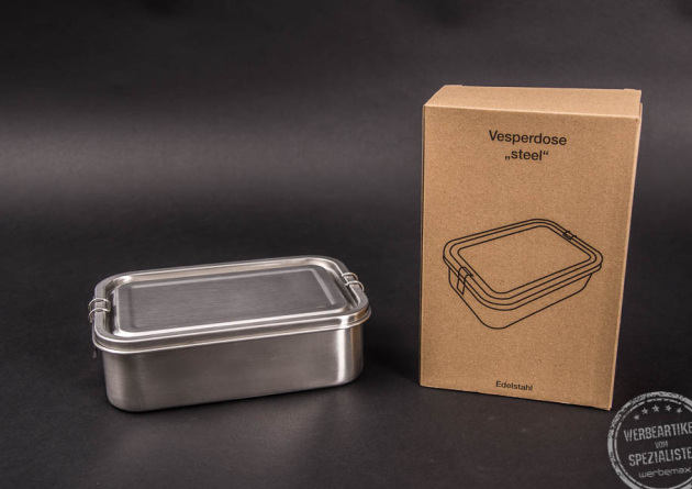 Nachhaltige Lunchbox aus Edelstahl mit Einzelverpackung.