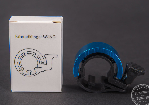 Fahrradklingel SWING in blau mit Werbekarton