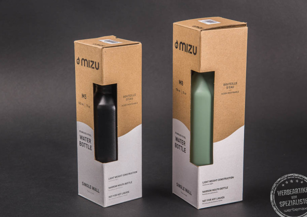 MIZU Flaschen M5 und M8 aus Edelstahl im Werbekarton