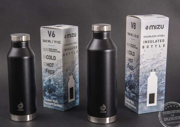 MIZU V8 und V6 in schwarz, isolierte doppelwandige Thermosflaschen