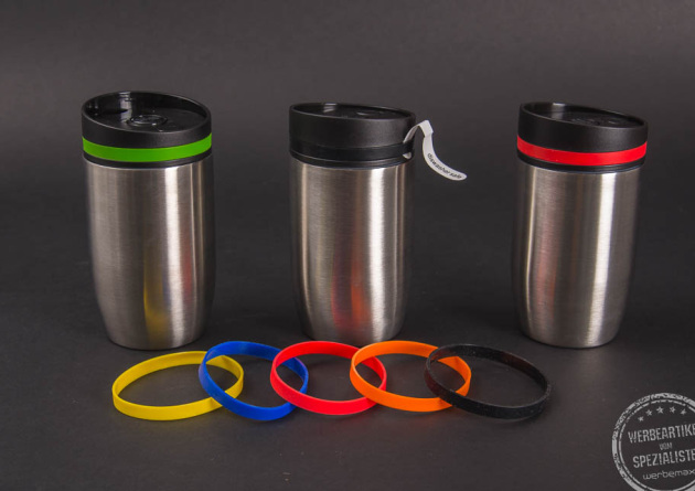 Thermobecher mit bunter Manschette als Werbeartikel