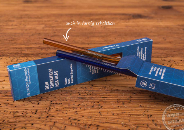 Farbiger Strohhalm aus Glas mit Verpackung als Werbeartikel