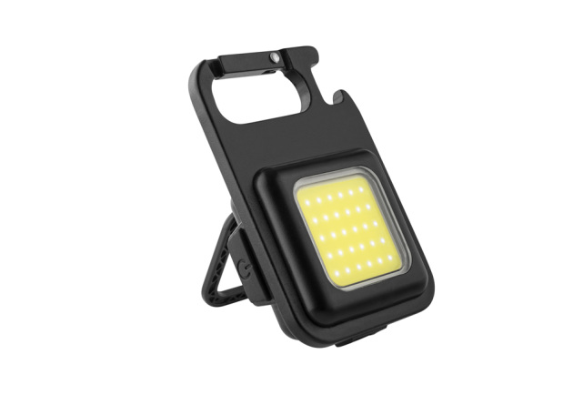 aufladbare Mini Taschenlampe, mit Standfuß und Schlüsselanhänger in Schwarz